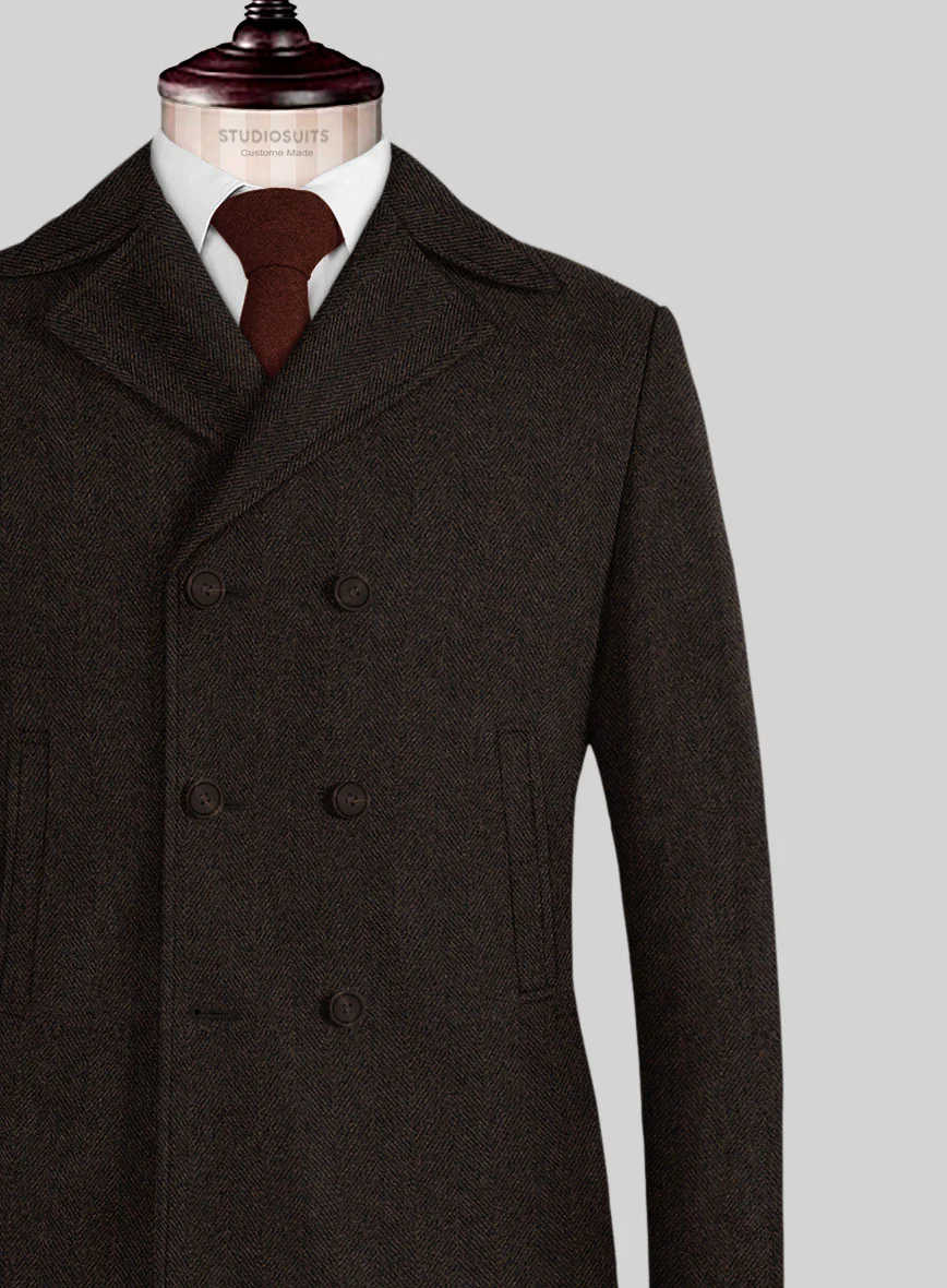 Naples Wide Herringbone Dark Brown Tweed Pea Coat - Image 2