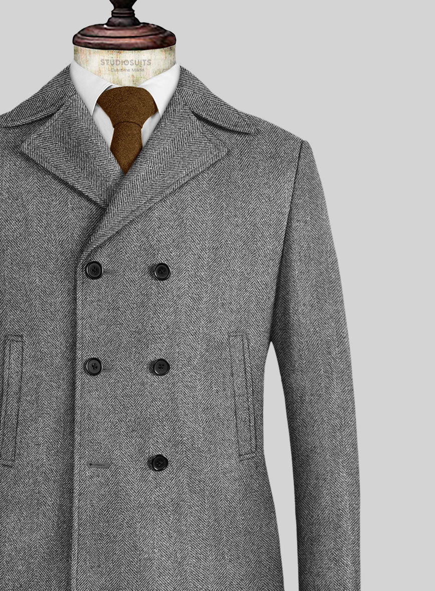 Naples Wide Herringbone Gray Tweed Pea Coat - Image 2