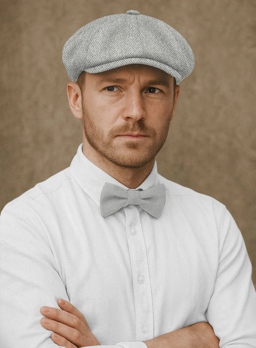 Naples Wide Herringbone Light Gray Tweed Newsboy Cap - Image 2