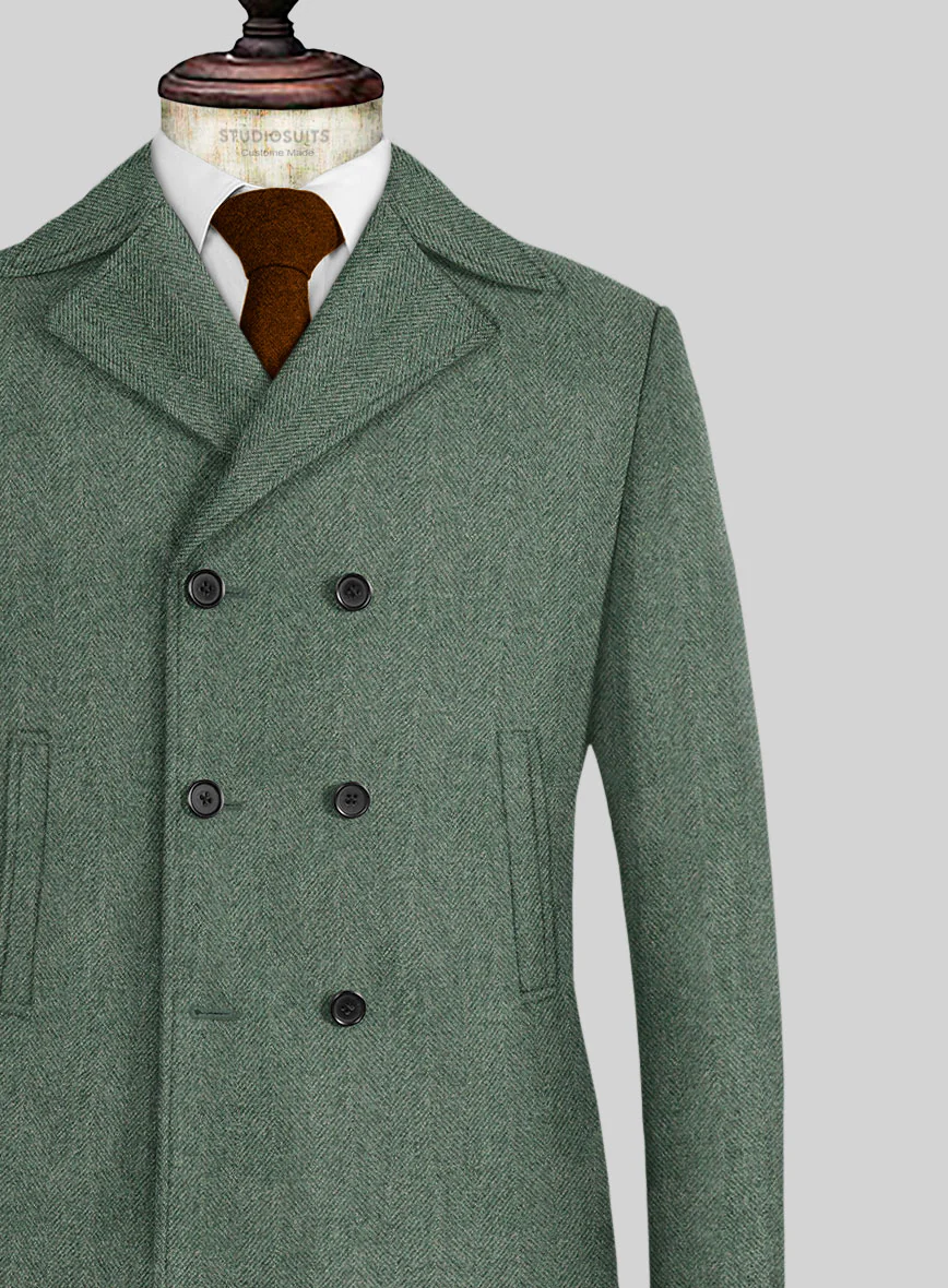 Naples Wide Herringbone Sage Green Tweed Pea Coat - Image 2