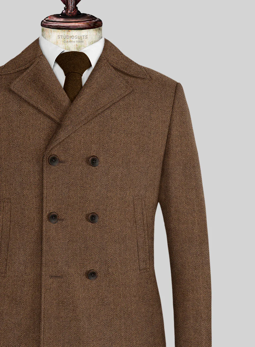 Naples Wide Herringbone Tan Tweed Pea Coat - Image 2
