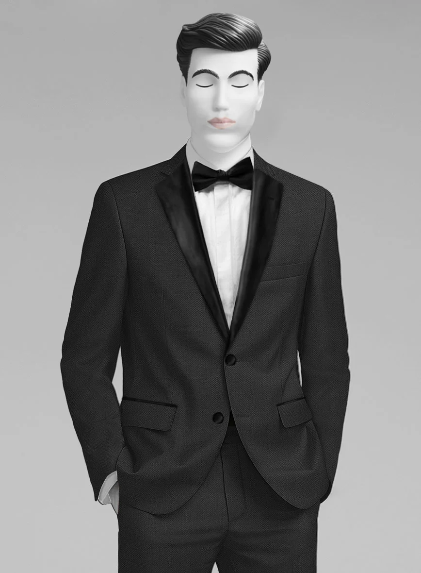 Napolean Imperial Black Herringbone Wool Tuxedo Jacket - Image 2