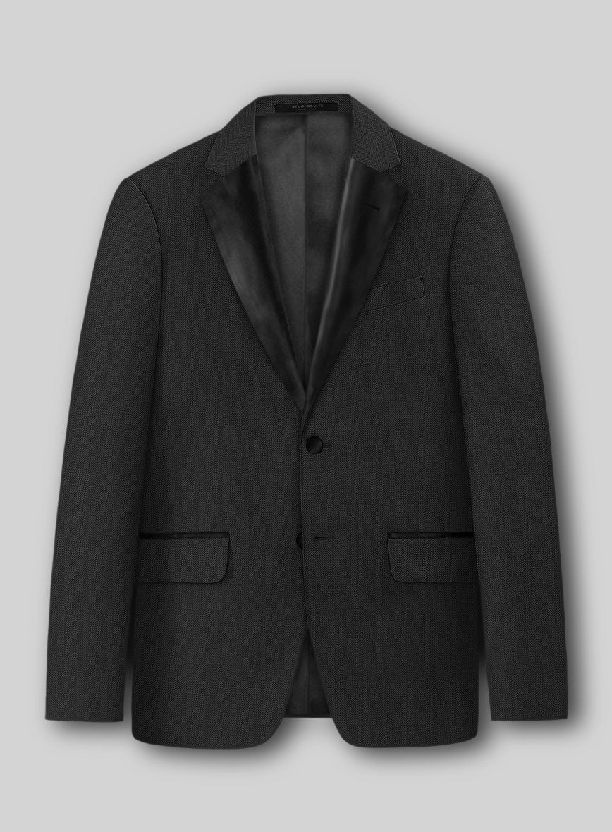 Napolean Imperial Black Herringbone Wool Tuxedo Suit - Image 3