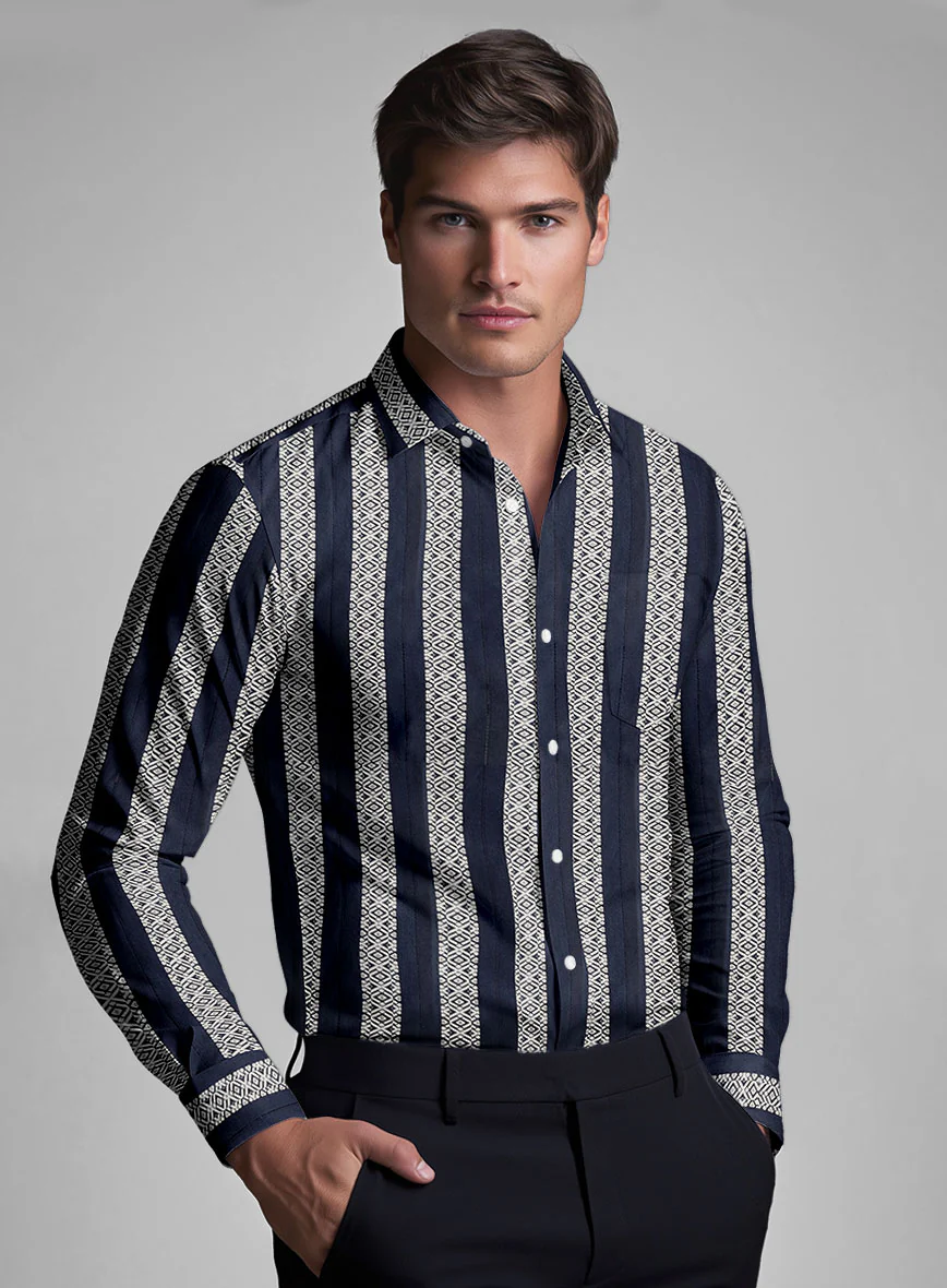 Navy Tribal Stripe Cotton Shirt - Image 3
