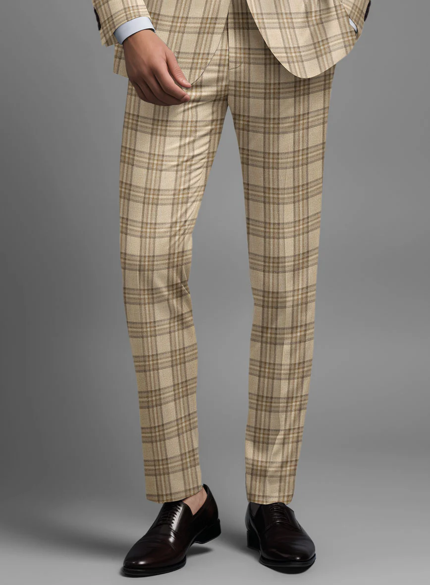 Noble Beige Check Wool Silk Linen Pants - Image 2