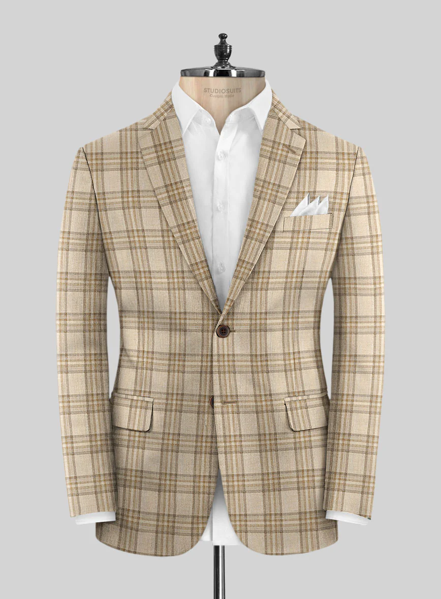 Noble Beige Check Wool Silk Linen Suit - Image 4