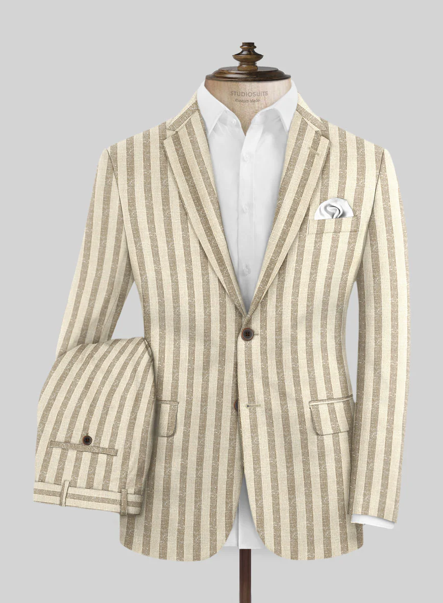 Noble Cream Stripe Wool Silk Linen Suit - Image 2