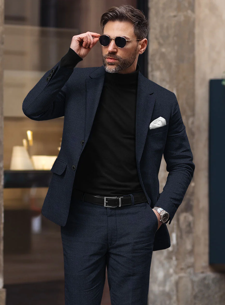 Noble Dark Blue Wool Silk Linen Jacket - Image 2