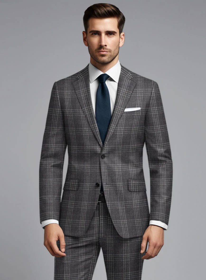 Noble Dark Gray Check Wool Silk Linen Jacket - Image 2