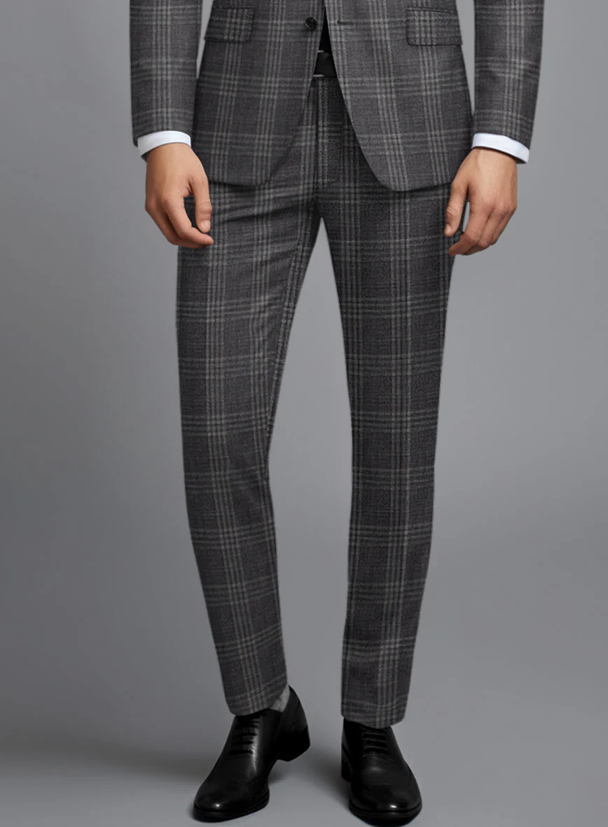 Noble Dark Gray Check Wool Silk Linen Pants - Image 2