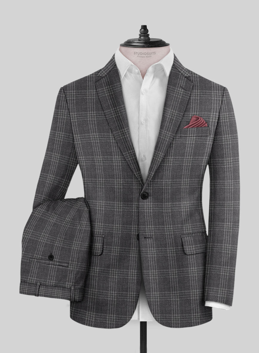 Noble Dark Gray Check Wool Silk Linen Suit - Image 2