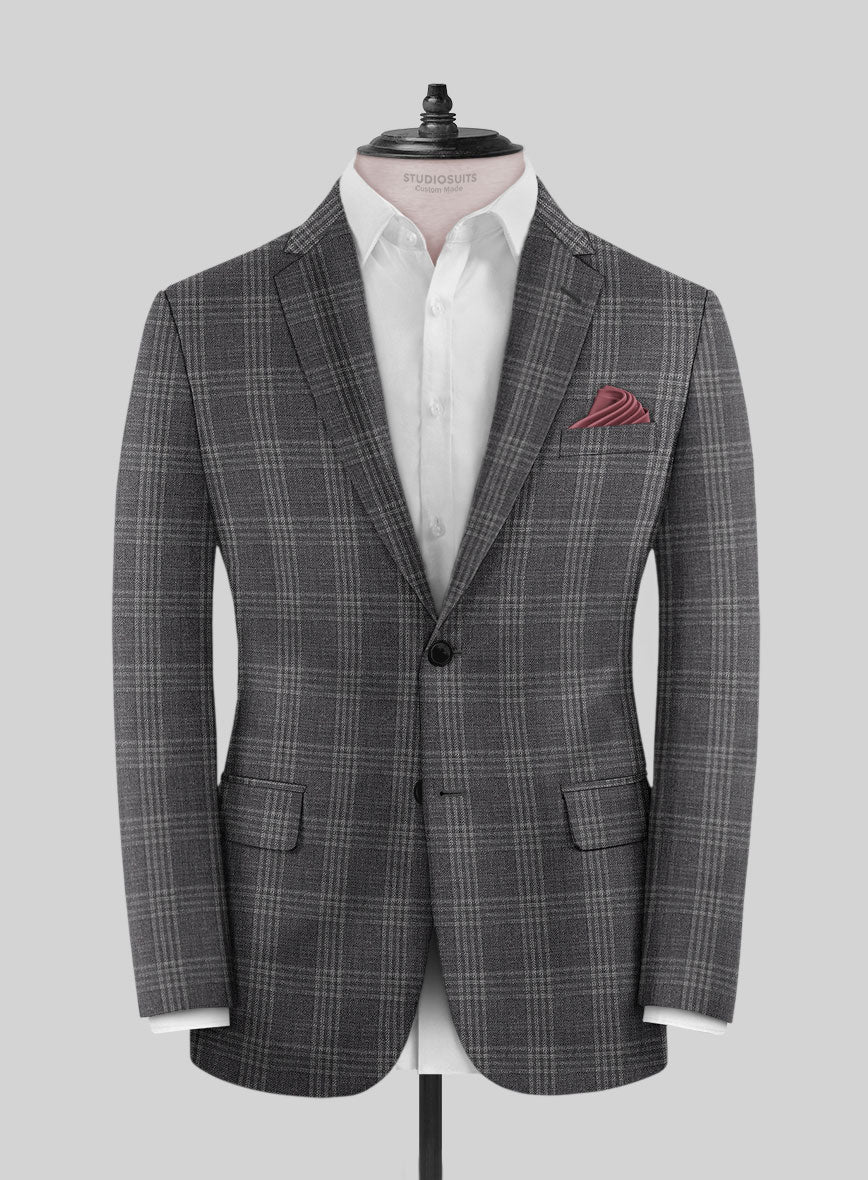 Noble Dark Gray Check Wool Silk Linen Suit - Image 4