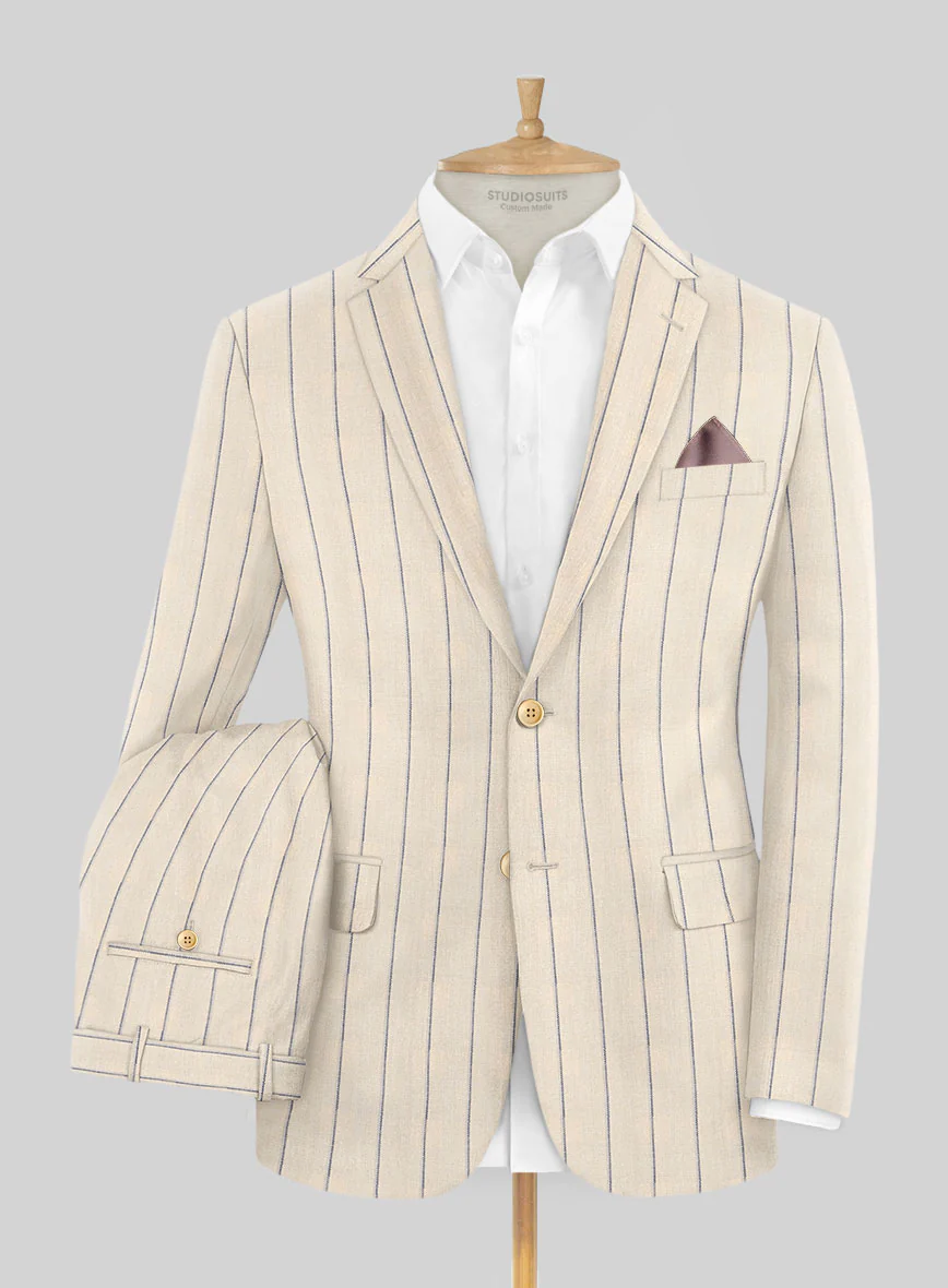 Noble Rosaria Cream Stripe Cotton Silk Linen Suit - Image 2