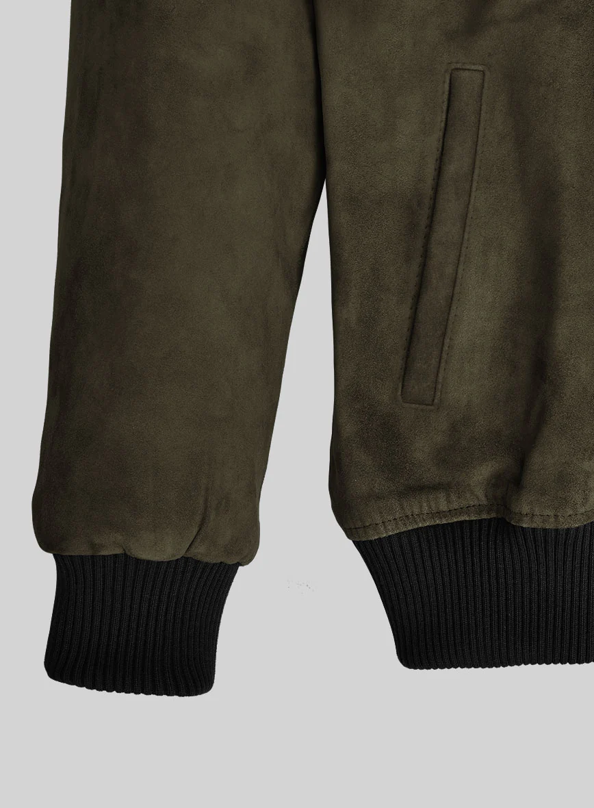Olive Green Suede Bomber Leather Jacket - Image 3