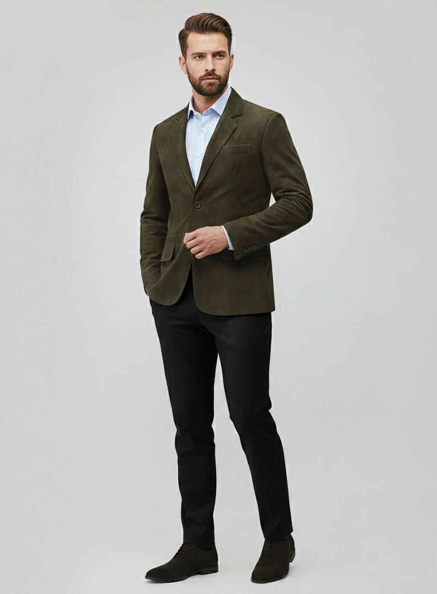Olive Green Suede Leather Blazer - Image 2