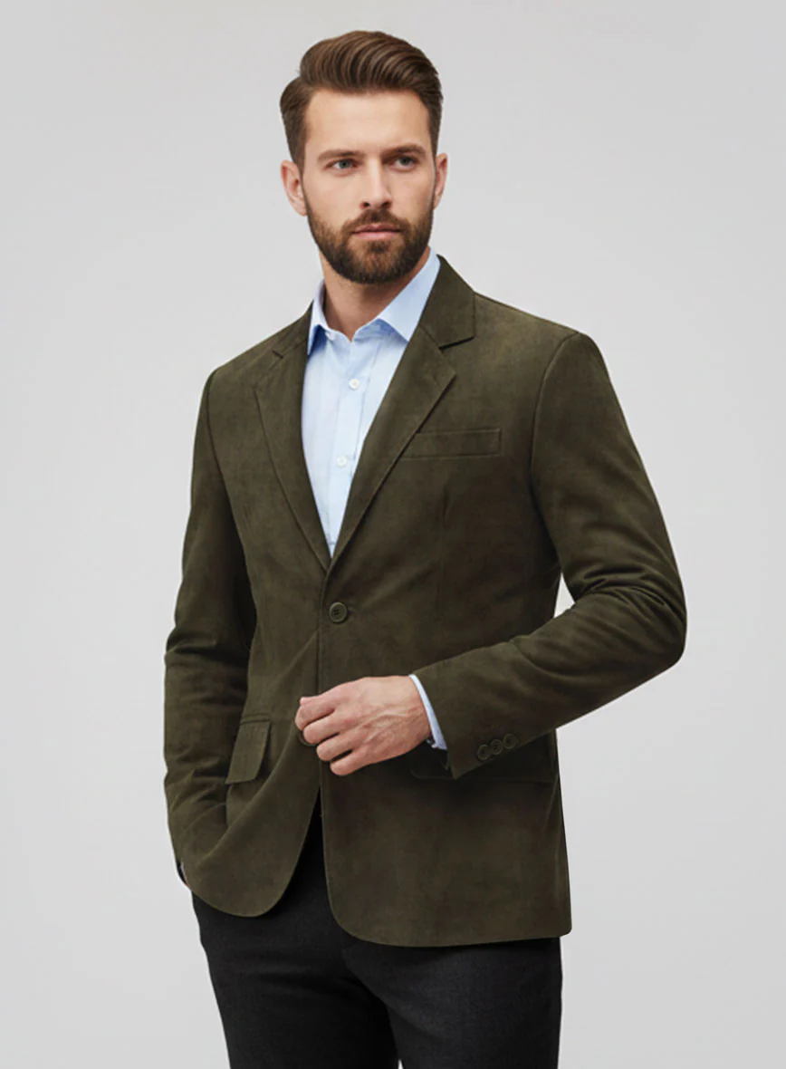 Olive Green Suede Leather Blazer - Image 4