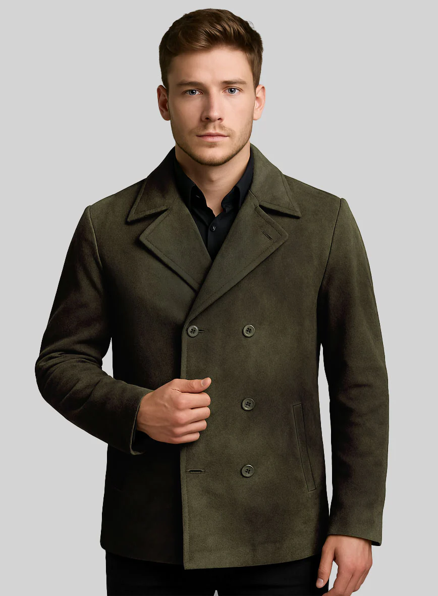 Olive Green Suede Leather Pea Coat - Image 2