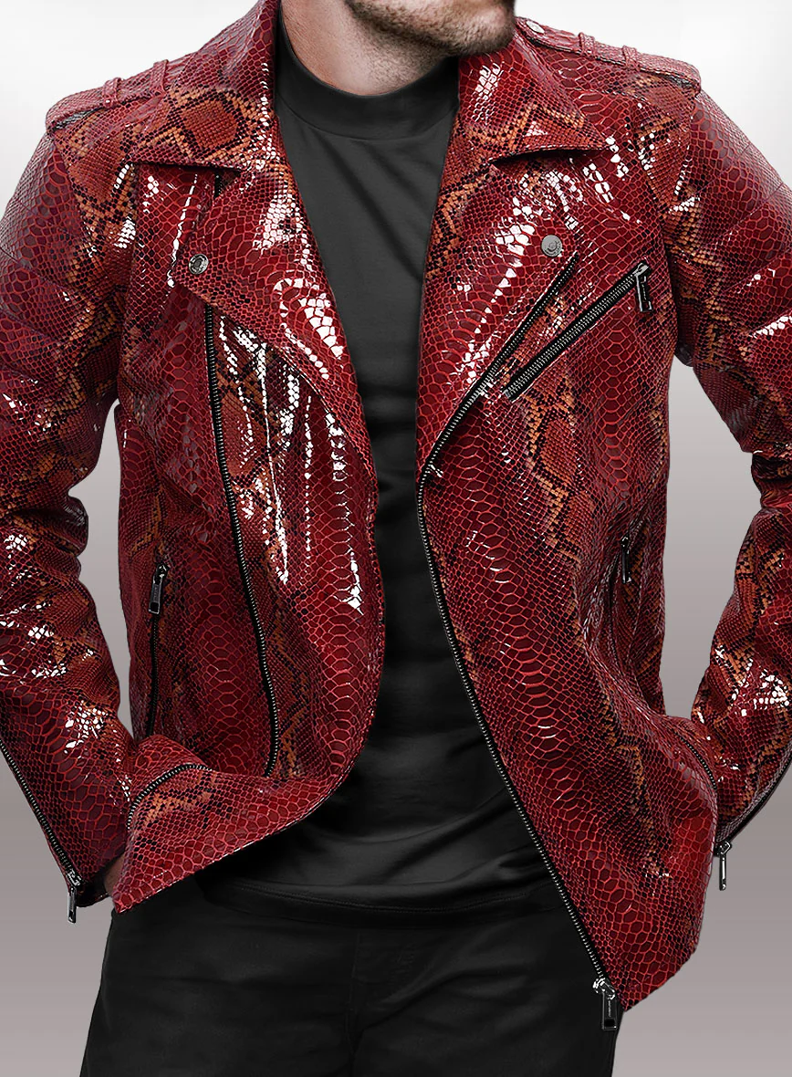 Opulent Bold Red Python Leather Jacket - Image 7