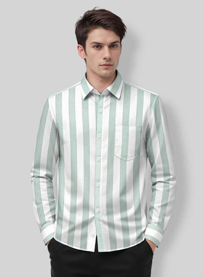 Oxford Green Wide Stripe Cotton Shirt - Image 2