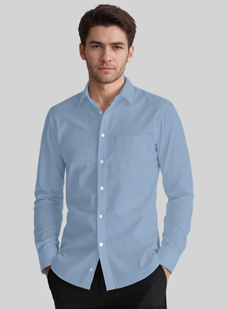 Pastle Mist Blue Herringbone Cotton Shirt - Image 2