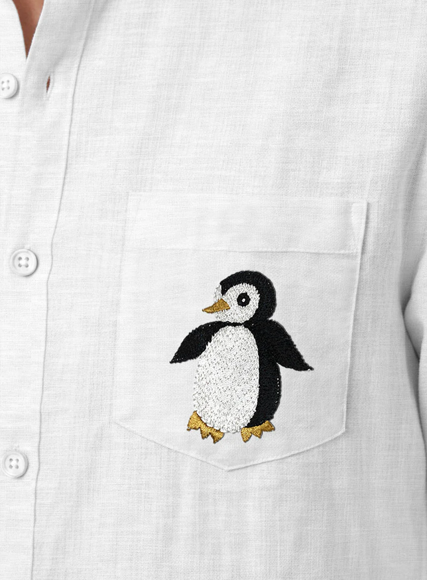 Pure White Linen Penguin Embroidered Shirt - Image 3