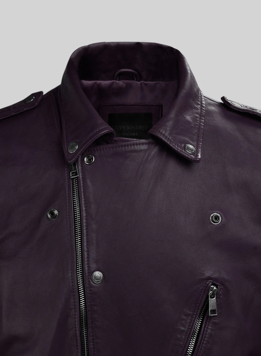 Revolt Purple Biker Leather Jacket - Image 2