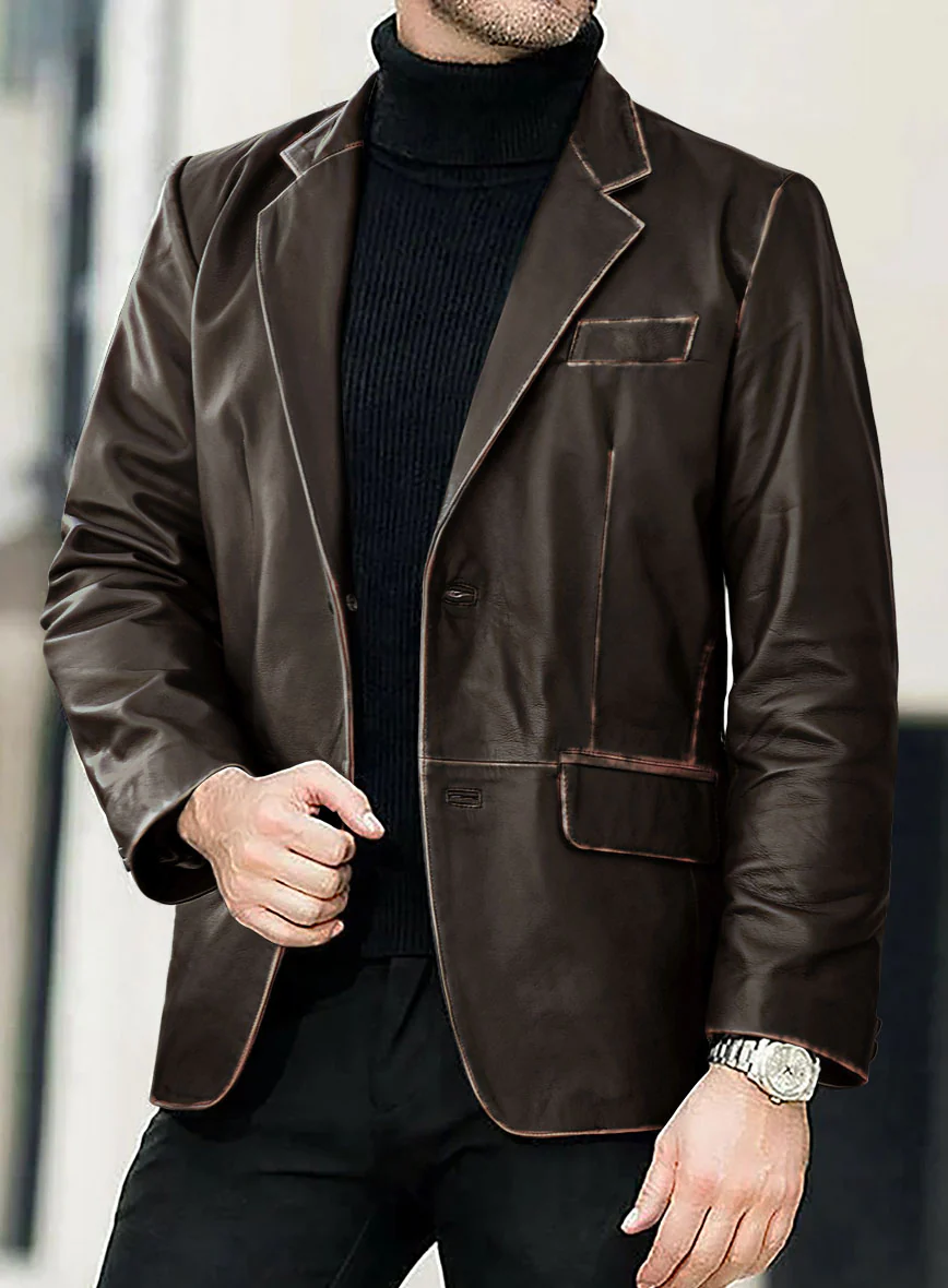 Rubbed Brown Leather Blazer - Image 4