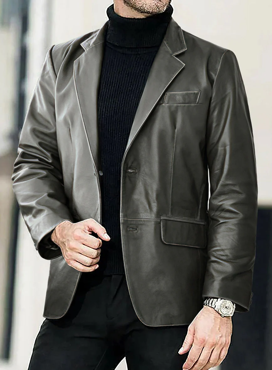 Rubbed Charcoal Leather Blazer - Image 4
