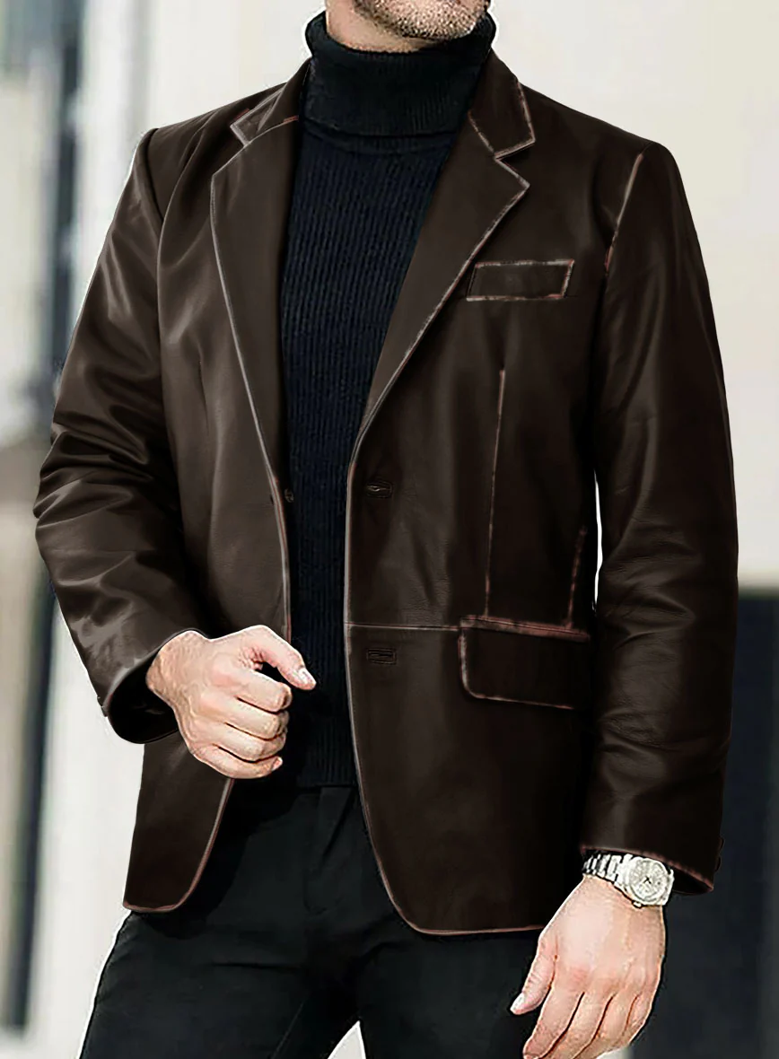 Rubbed Dark Brown Leather Blazer - Image 4