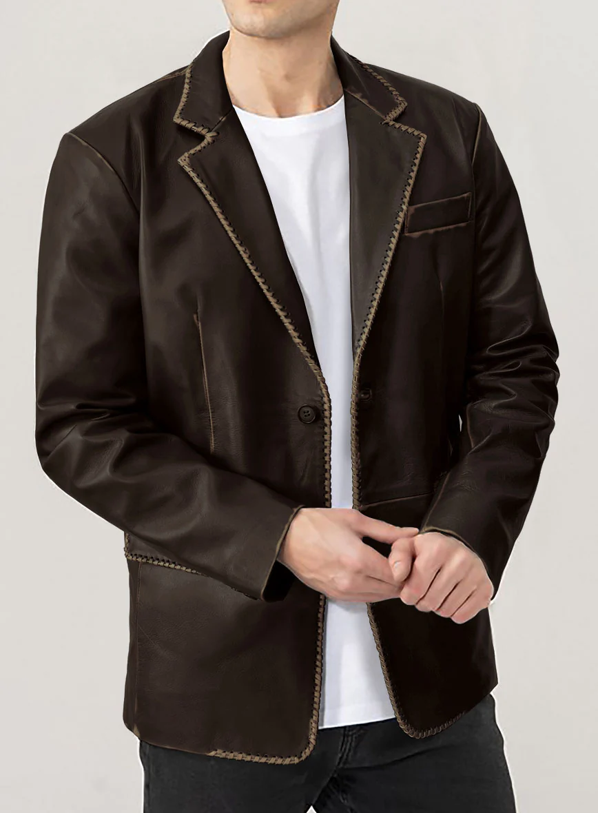 Rubbed Dark Brown Medieval Leather Blazer - Image 4