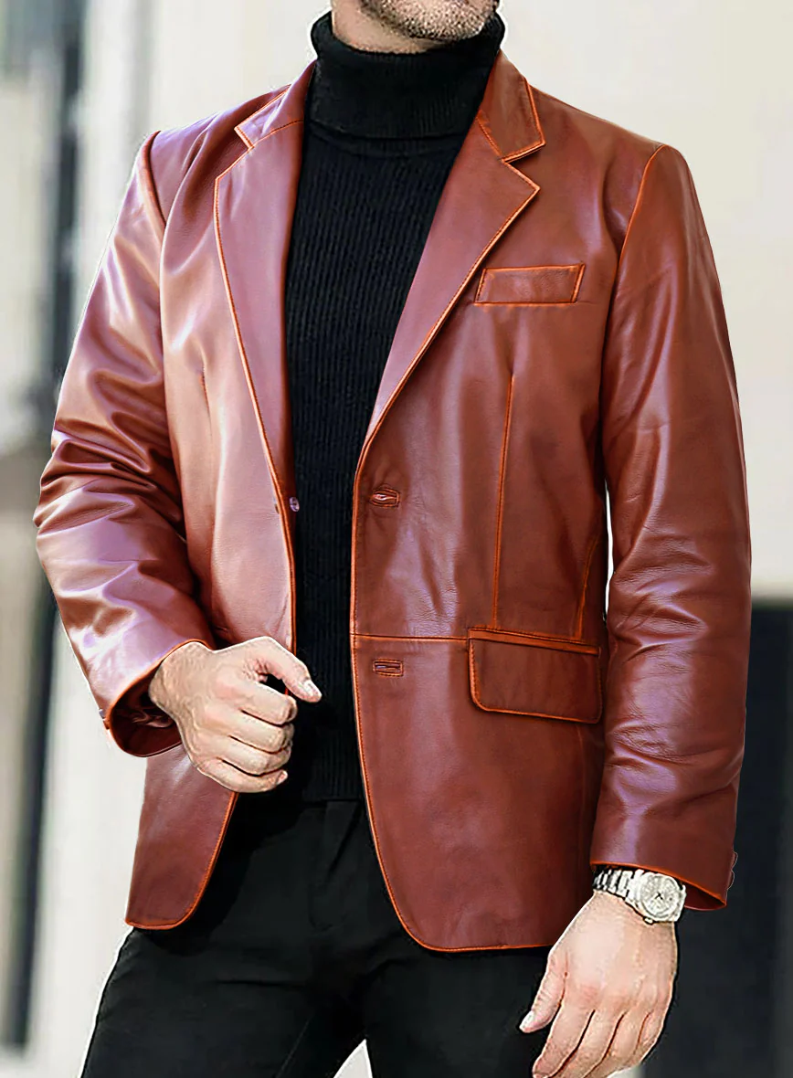 Rubbed Tan Brown Leather Blazer - Image 4