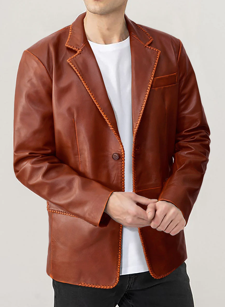Rubbed Tan Brown Medieval Leather Blazer - Image 4