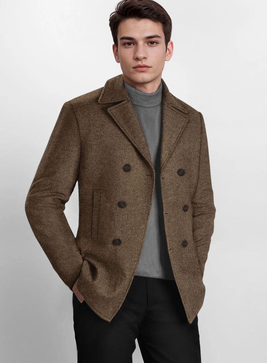 Rust Herringbone Tweed Pea Coat - Image 4