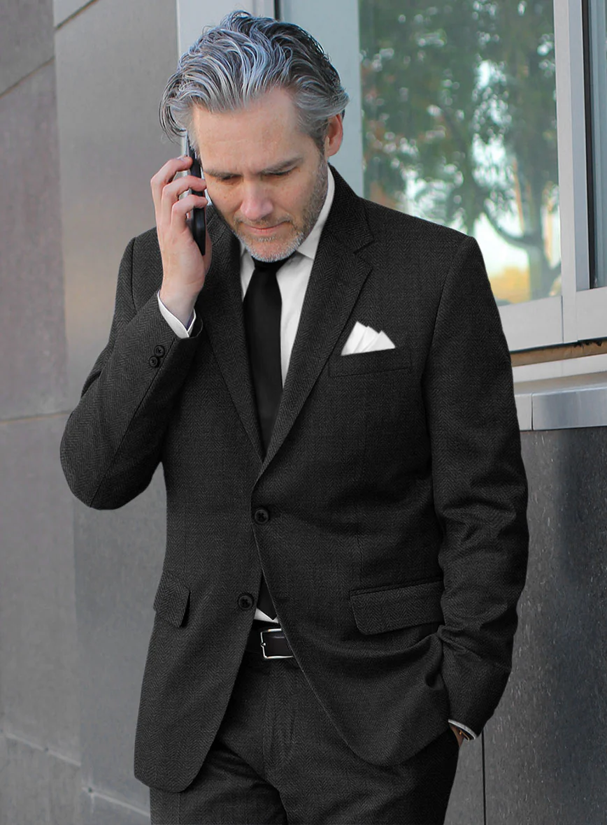 Scabal Charcoal Herringbone Wool Jacket - Image 2