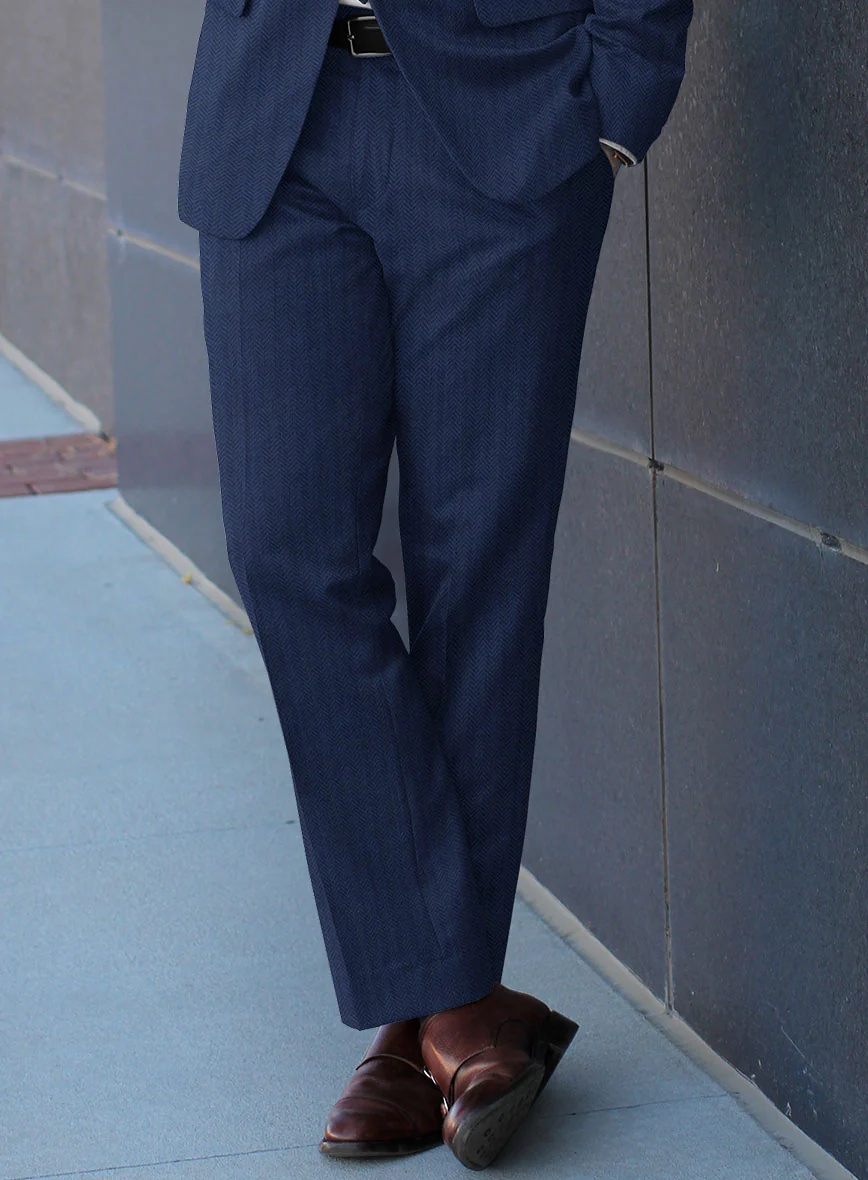Scabal Tornado Herringbone Blue Wool Pants - Image 2