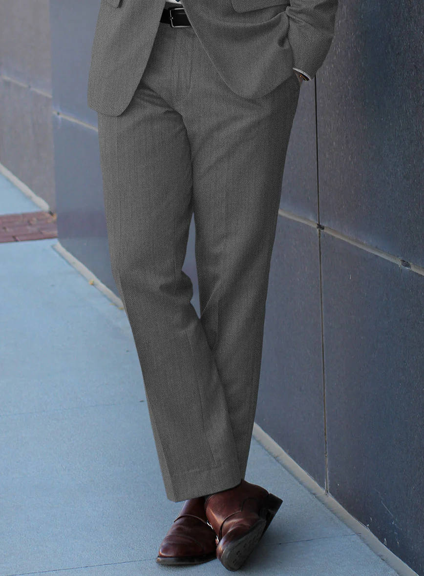 Scabal Tornado Herringbone Gray Wool Pants - Image 2