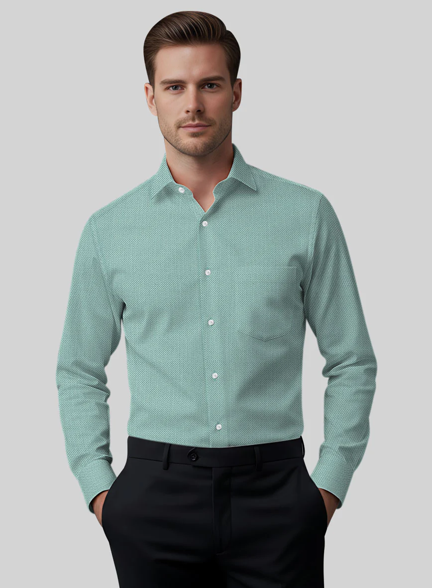 Sea Green Herringbone Cotton Shirt - Image 2