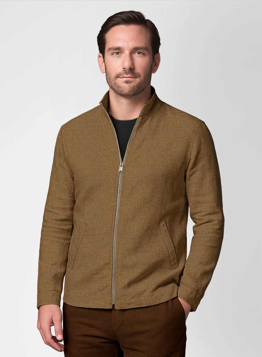 Sepia Brown Linen Zipper Jacket - Image 2