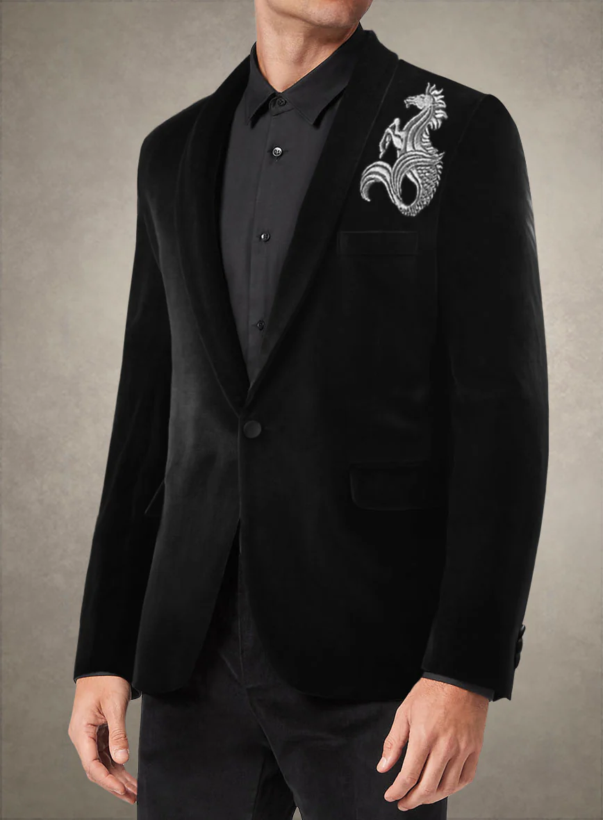 Silver Seahorse Embroidery Velvet Blazer - Image 3