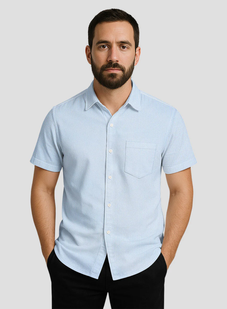Sky Blue Herringbone Cotton Shirt - Image 2