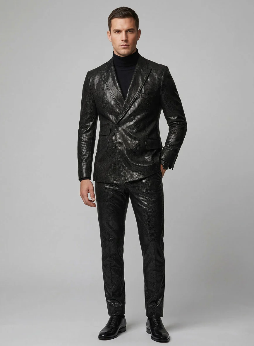 Snake Embossed Black Double Breasted Leather Suit - Image 2