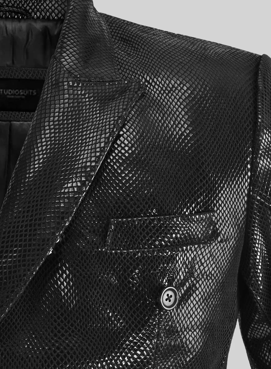 Snake Embossed Black Double Breasted Leather Suit - Image 3