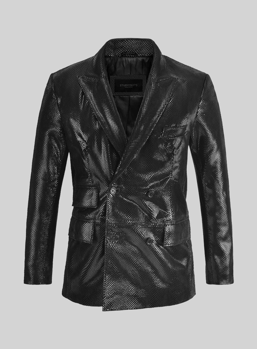 Snake Embossed Black Double Breasted Leather Suit - Image 4