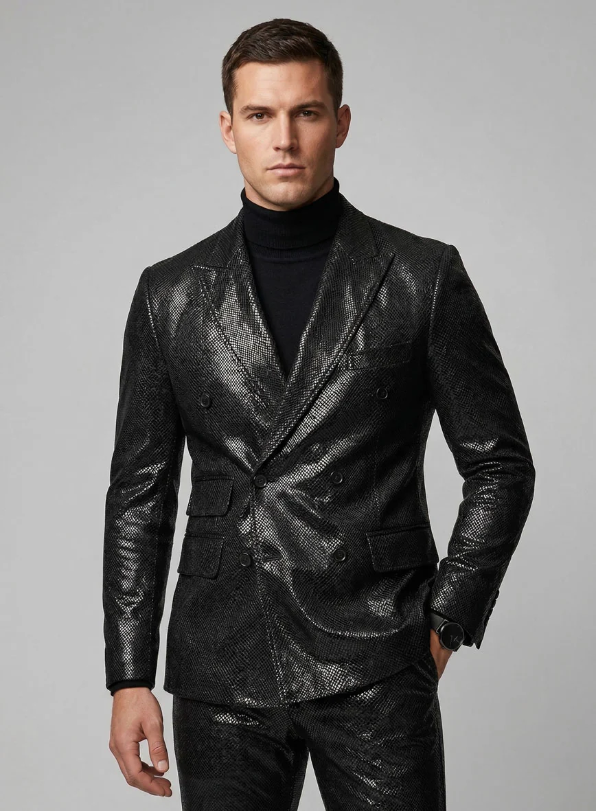 Snake Embossed Black Double Breasted Leather Suit - Image 5