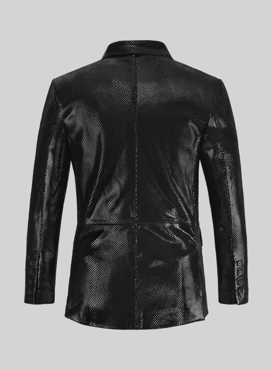 Snake Embossed Black Double Breasted Leather Suit - Image 6
