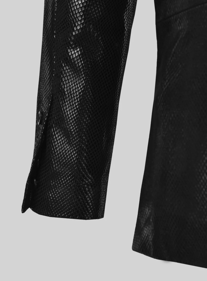 Snake Embossed Black Double Breasted Leather Suit - Image 8
