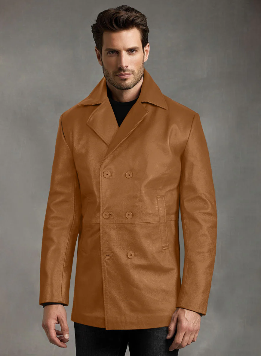 Soft Bella Brown Leather Pea Coat - Image 3