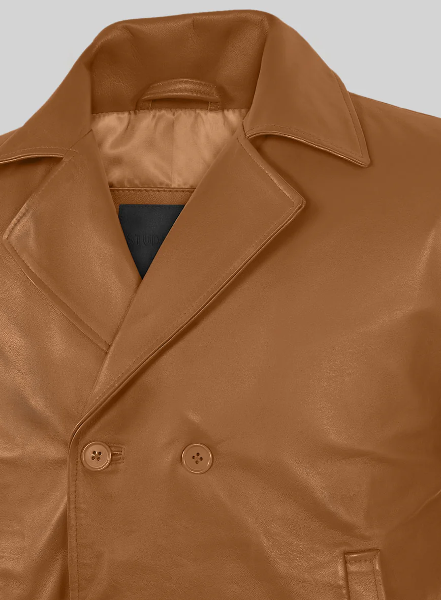 Soft Bella Brown Leather Pea Coat - Image 6
