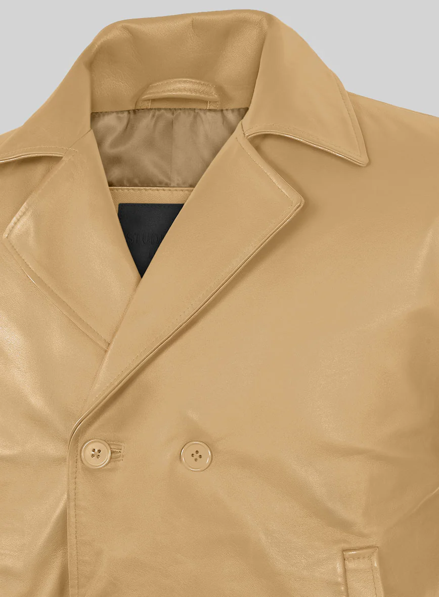 Soft Dark Beige Leather Pea Coat - Image 2