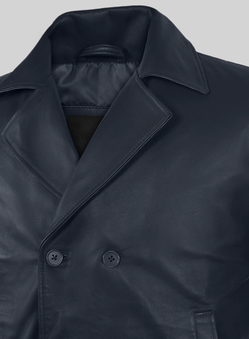 Soft Deep Blue Leather Pea Coat - Image 2
